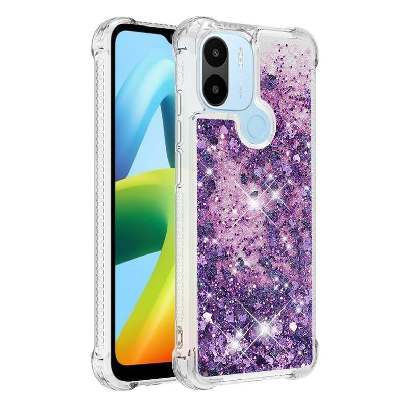 Glitter gelový přesýpací obal na mobil Xiaomi Redmi A1+/A2+ - tmavěfialový/srdíčka