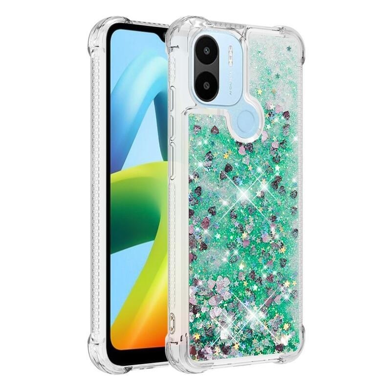 Glitter gelový přesýpací obal na mobil Xiaomi Redmi A1+/A2+ - zelený/srdíčka