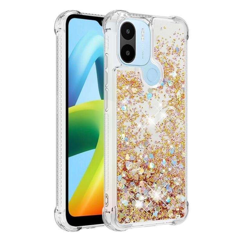 Glitter gelový přesýpací obal na mobil Xiaomi Redmi A1+/A2+ - zlatý/srdíčka