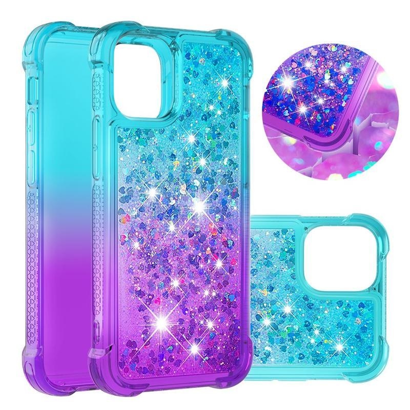 Glitter přesýpací gelový obal na mobil iPhone 12 mini - cyan/fialový