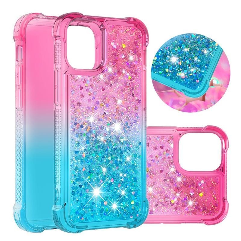 Glitter přesýpací gelový obal na mobil iPhone 12 mini - rose/cyan