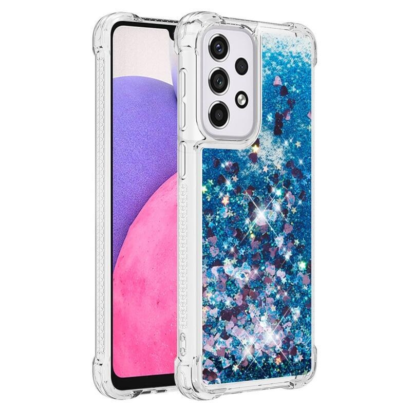 Glitter přesýpací gelový obal na mobil Samsung Galaxy A33 5G - modrý/srdíčka