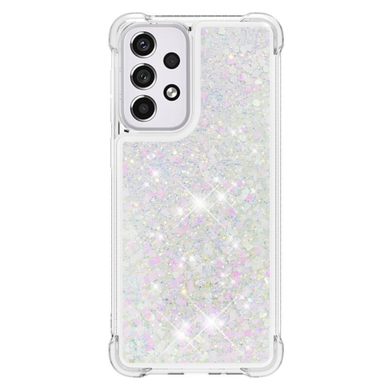 Glitter přesýpací gelový obal na mobil Samsung Galaxy A33 5G - růžovostříbrný/srdíčka