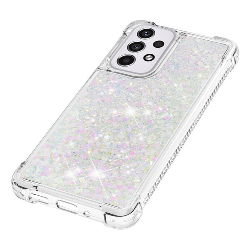Glitter přesýpací gelový obal na mobil Samsung Galaxy A33 5G - růžovostříbrný/srdíčka
