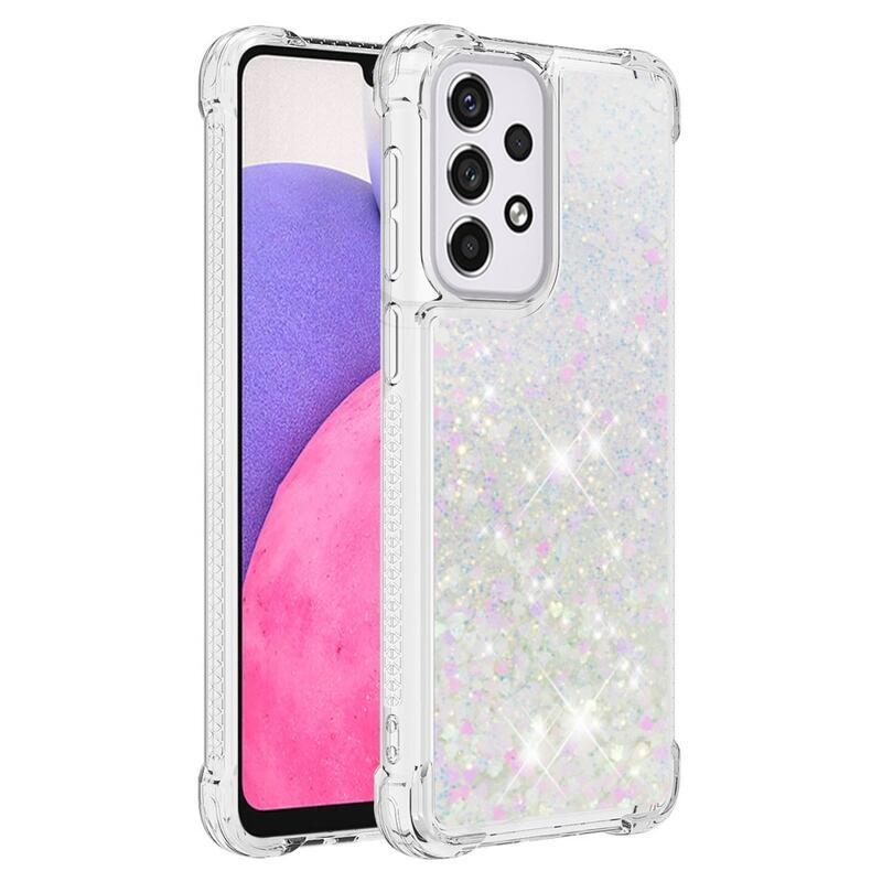 Glitter přesýpací gelový obal na mobil Samsung Galaxy A33 5G - růžovostříbrný/srdíčka