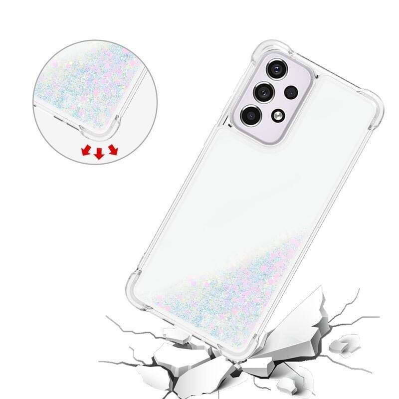 Glitter přesýpací gelový obal na mobil Samsung Galaxy A33 5G - růžovostříbrný/srdíčka