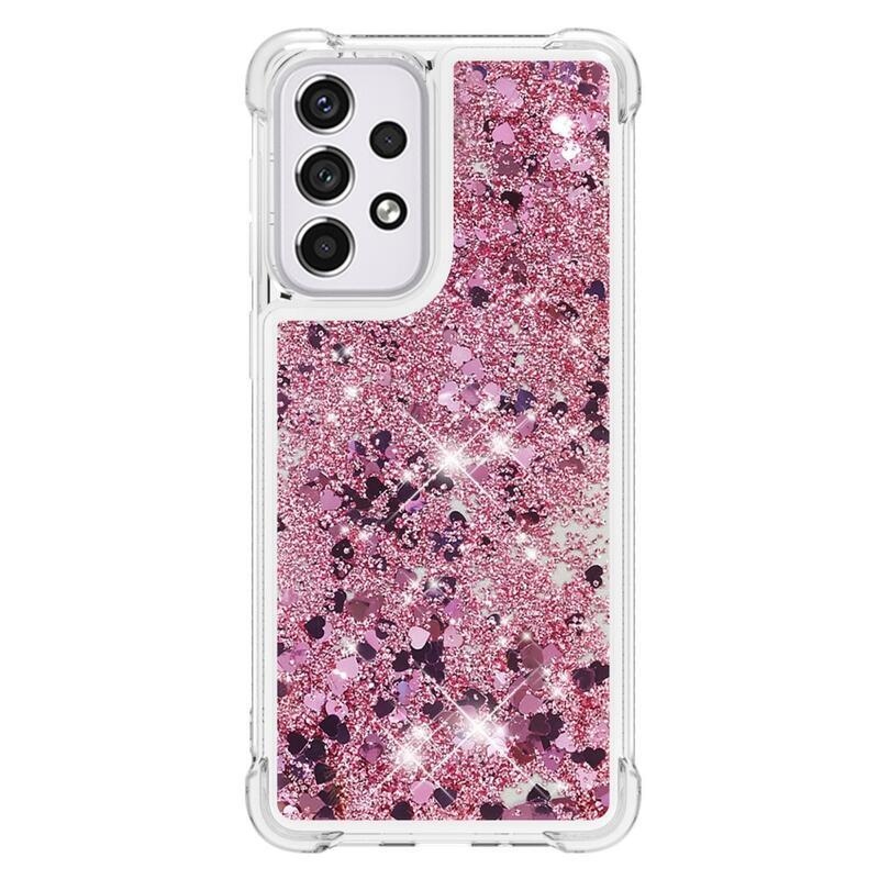 Glitter přesýpací gelový obal na mobil Samsung Galaxy A33 5G - růžovozlatý/srdíčka