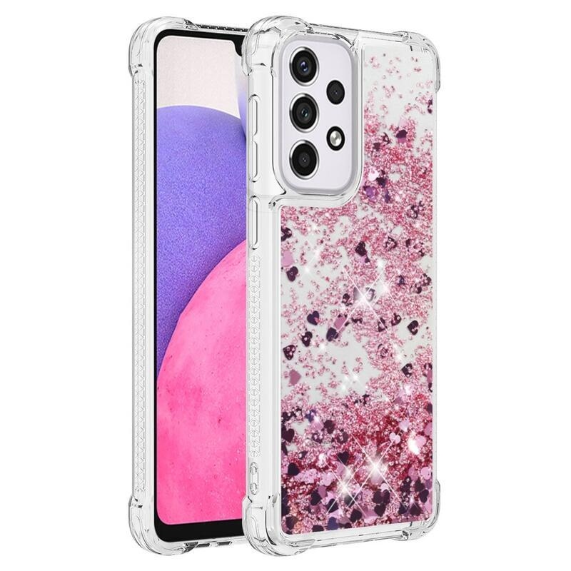 Glitter přesýpací gelový obal na mobil Samsung Galaxy A33 5G - růžovozlatý/srdíčka