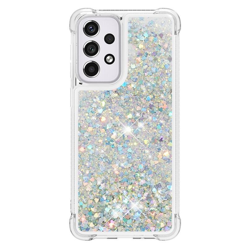 Glitter přesýpací gelový obal na mobil Samsung Galaxy A33 5G - stříbrný/srdíčka