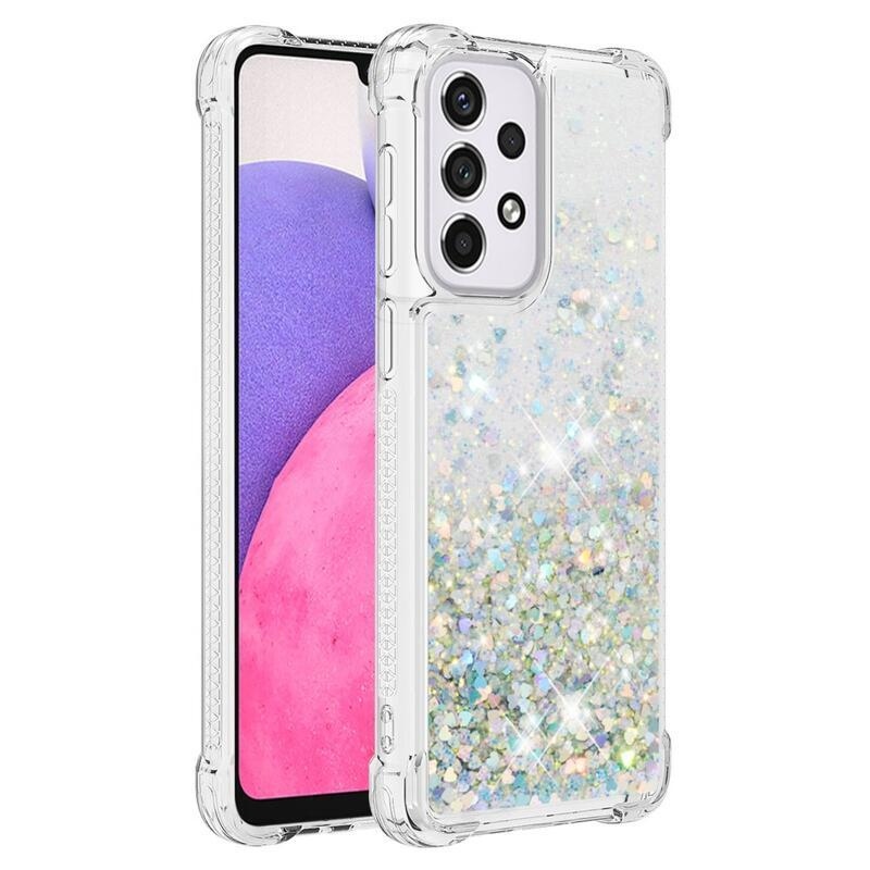 Glitter přesýpací gelový obal na mobil Samsung Galaxy A33 5G - stříbrný/srdíčka