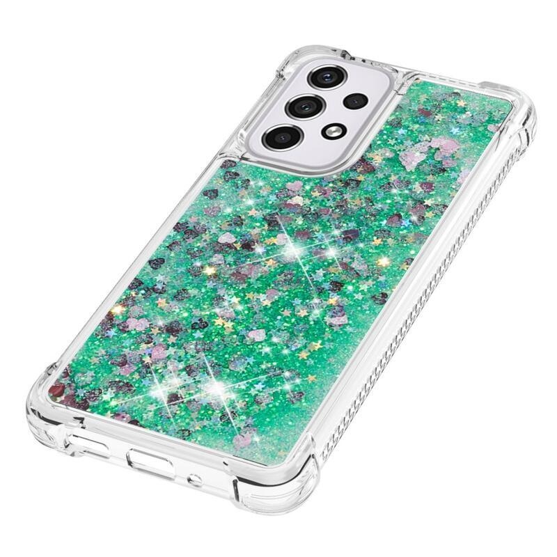 Glitter přesýpací gelový obal na mobil Samsung Galaxy A33 5G - zelený/srdíčka