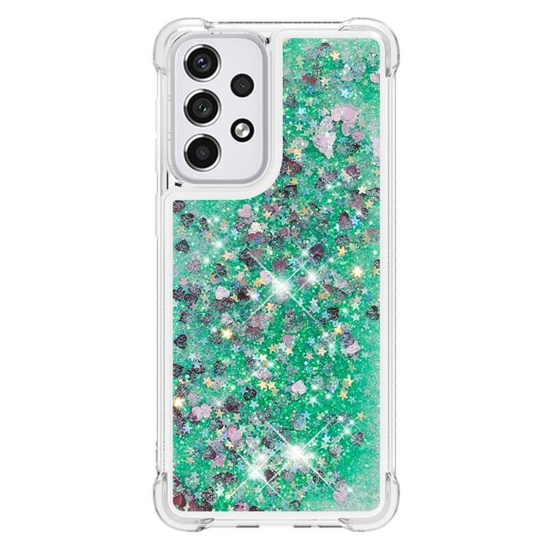 Glitter přesýpací gelový obal na mobil Samsung Galaxy A33 5G - zelený/srdíčka