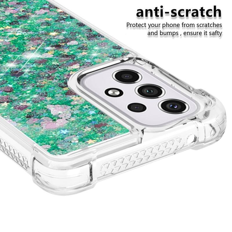 Glitter přesýpací gelový obal na mobil Samsung Galaxy A33 5G - zelený/srdíčka