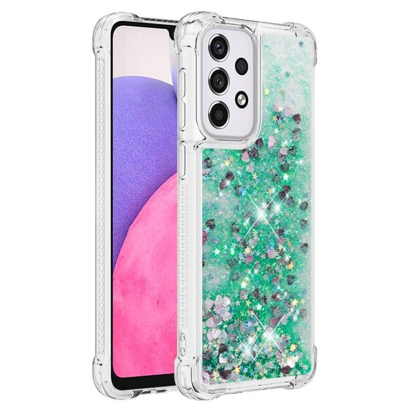 Glitter přesýpací gelový obal na mobil Samsung Galaxy A33 5G - zelený/srdíčka