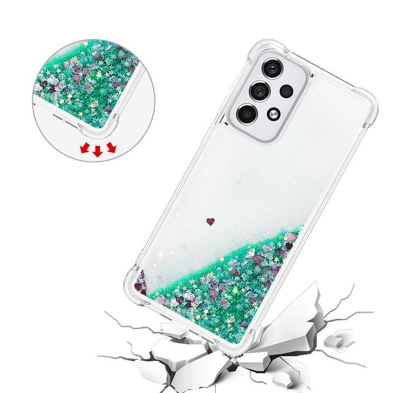 Glitter přesýpací gelový obal na mobil Samsung Galaxy A33 5G - zelený/srdíčka