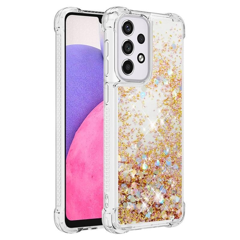 Glitter přesýpací gelový obal na mobil Samsung Galaxy A33 5G - zlatý/srdíčka