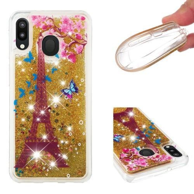 Glitter přesýpací gelový obal na mobil Samsung Galaxy M20 - Eiffelova věž