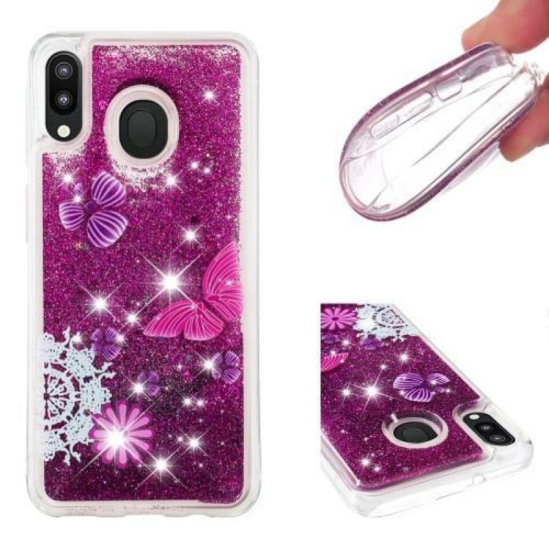 Glitter přesýpací gelový obal na mobil Samsung Galaxy M20 - motýl a květina