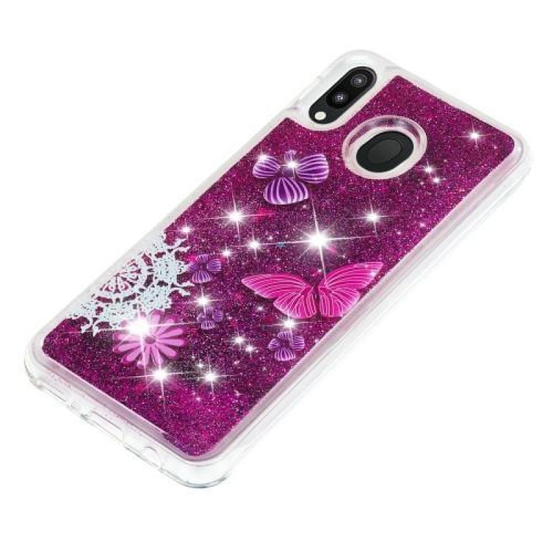 Glitter přesýpací gelový obal na mobil Samsung Galaxy M20 - motýl a květina