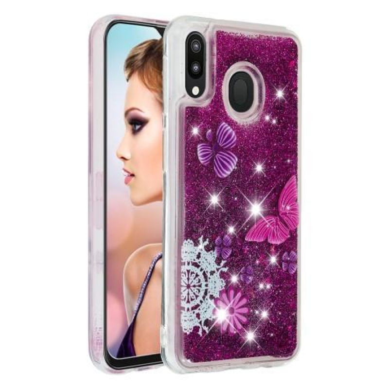 Glitter přesýpací gelový obal na mobil Samsung Galaxy M20 - motýl a květina