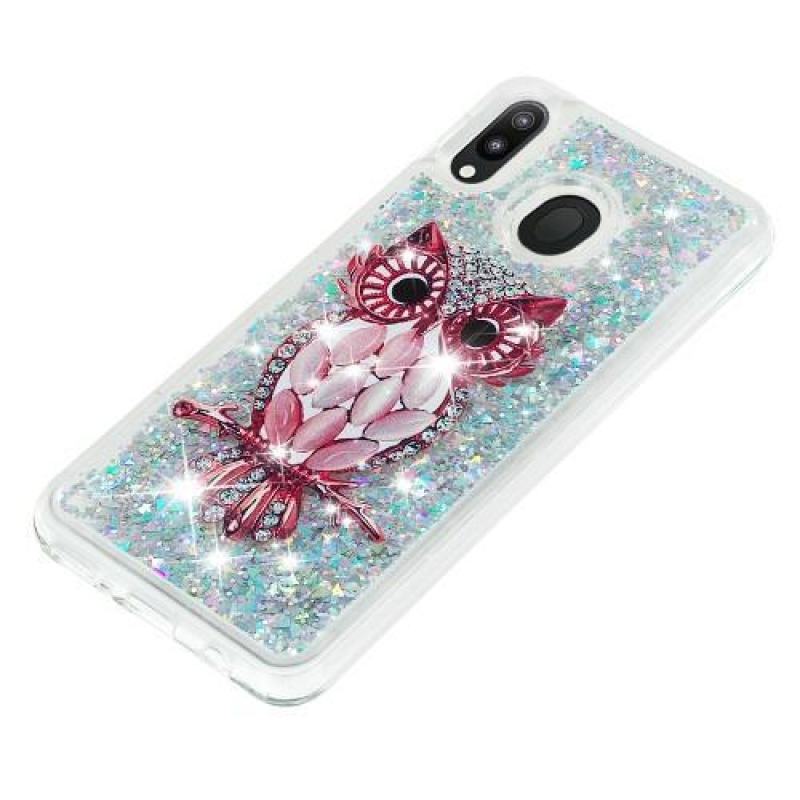Glitter přesýpací gelový obal na mobil Samsung Galaxy M20 - sova