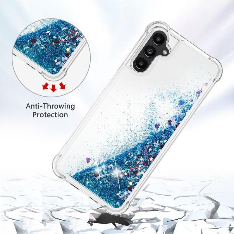 Glitter přesýpací gelový obal na Samsung Galaxy A14 4G/5G - modrý/srdíčka