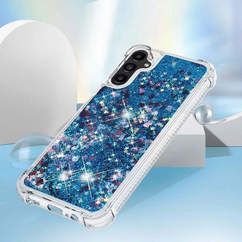 Glitter přesýpací gelový obal na Samsung Galaxy A14 4G/5G - modrý/srdíčka