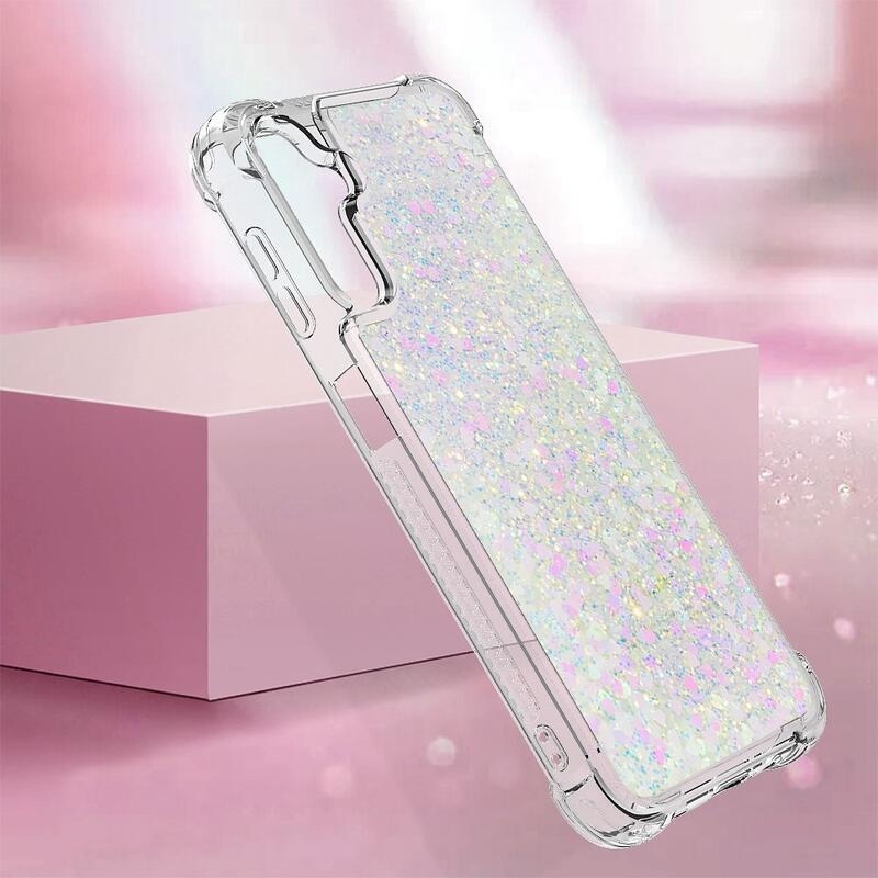 Glitter přesýpací gelový obal na Samsung Galaxy A14 4G/5G - růžovostříbrný/srdíčka
