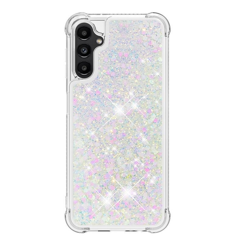 Glitter přesýpací gelový obal na Samsung Galaxy A14 4G/5G - růžovostříbrný/srdíčka