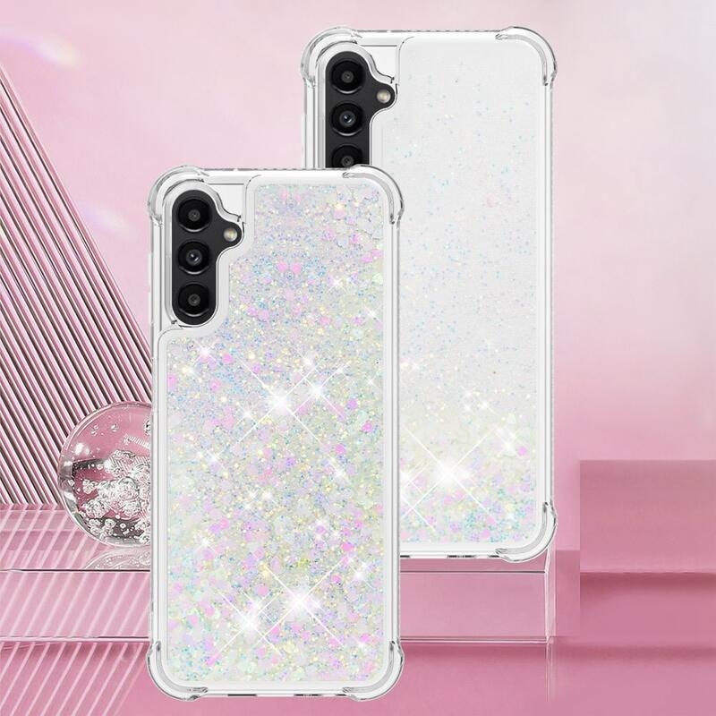Glitter přesýpací gelový obal na Samsung Galaxy A14 4G/5G - růžovostříbrný/srdíčka