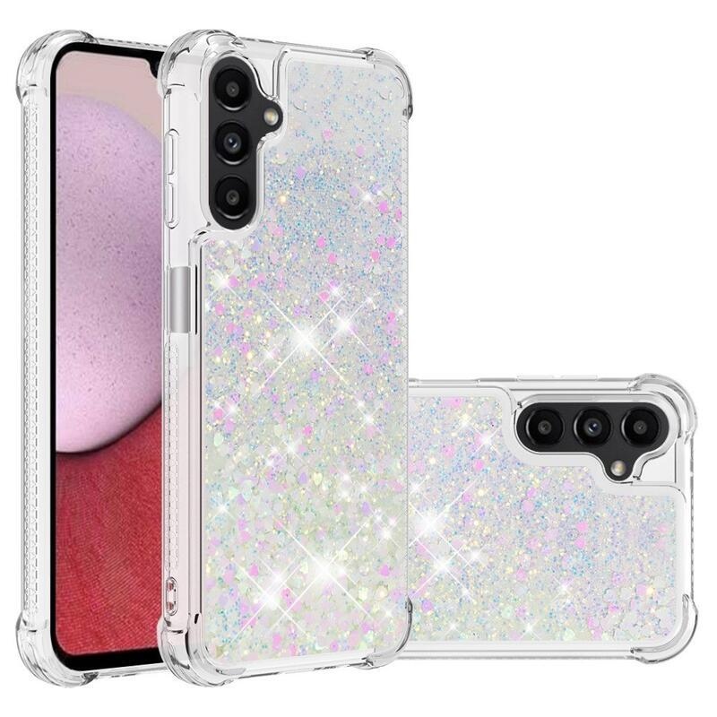 Glitter přesýpací gelový obal na Samsung Galaxy A14 4G/5G - růžovostříbrný/srdíčka