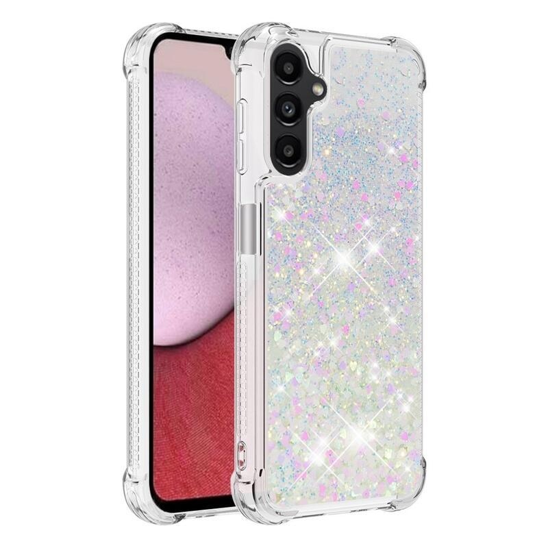 Glitter přesýpací gelový obal na Samsung Galaxy A14 4G/5G - růžovostříbrný/srdíčka
