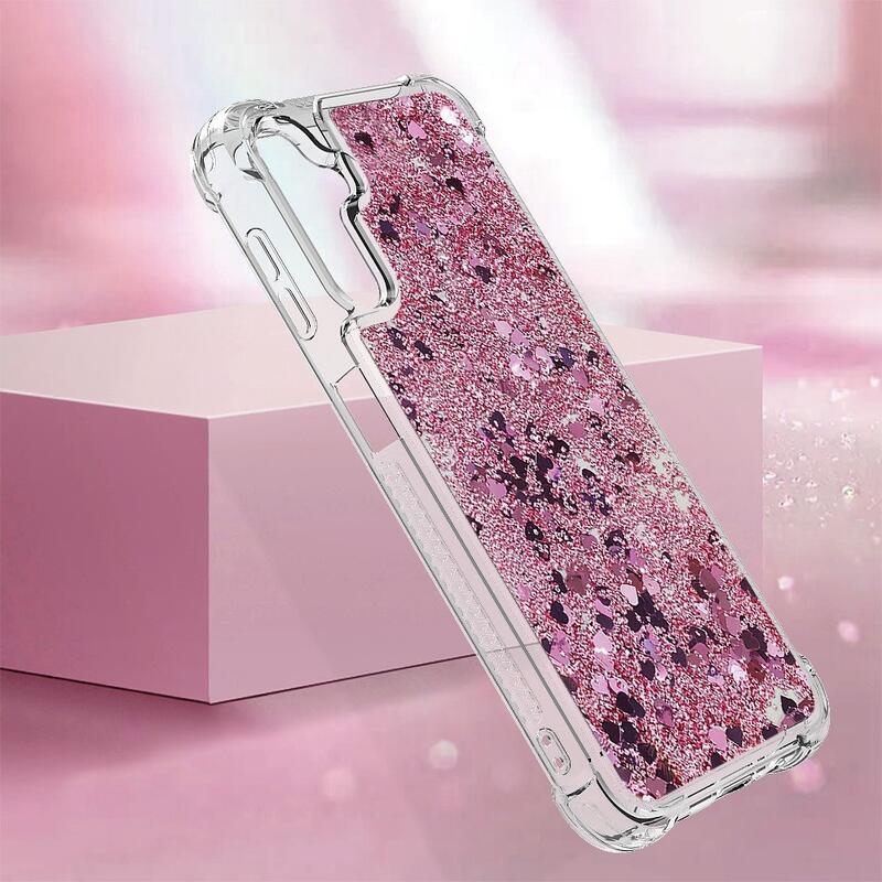 Glitter přesýpací gelový obal na Samsung Galaxy A14 4G/5G - růžovozlatý/srdíčka