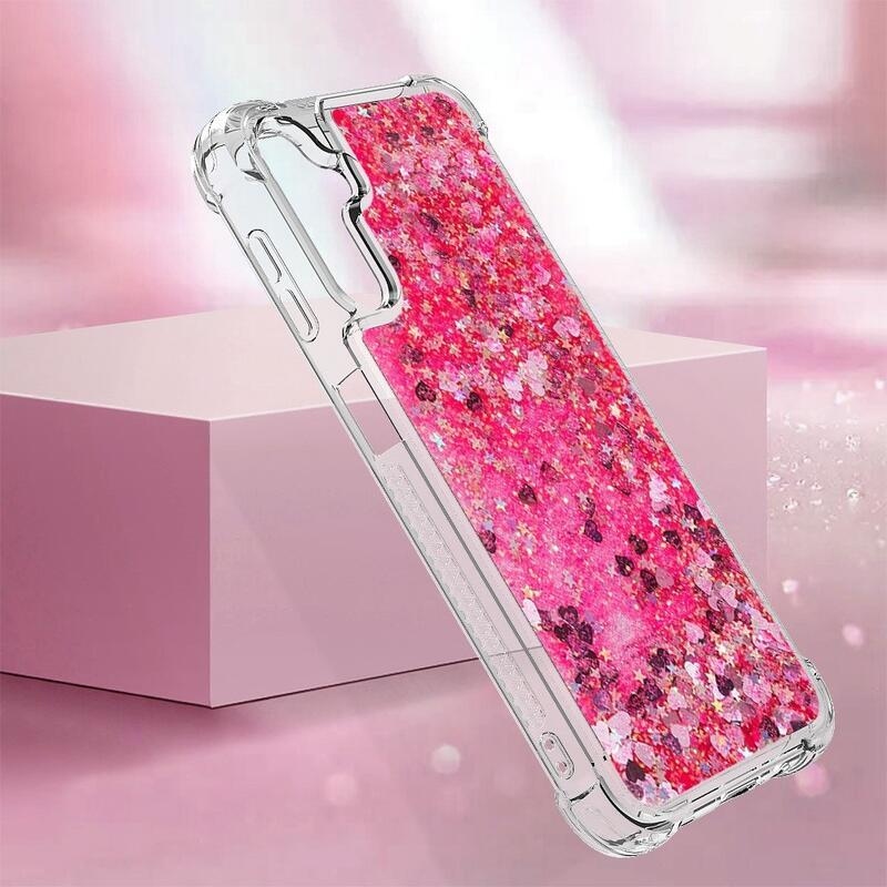 Glitter přesýpací gelový obal na Samsung Galaxy A14 4G/5G - růžový/srdíčka