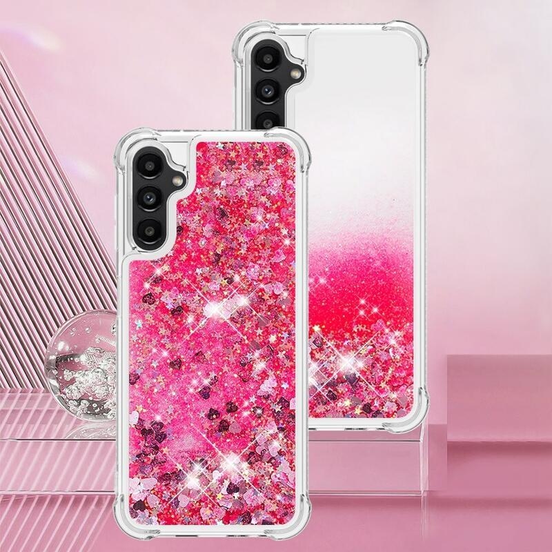 Glitter přesýpací gelový obal na Samsung Galaxy A14 4G/5G - růžový/srdíčka