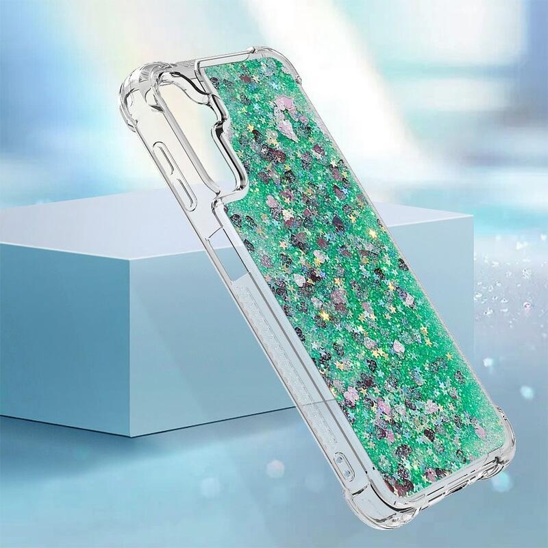 Glitter přesýpací gelový obal na Samsung Galaxy A14 4G/5G - zelený/srdíčka