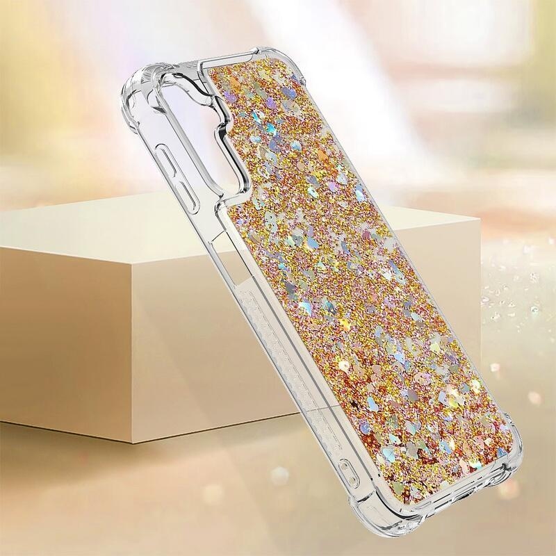 Glitter přesýpací gelový obal na Samsung Galaxy A14 4G/5G - zlatý/srdíčka