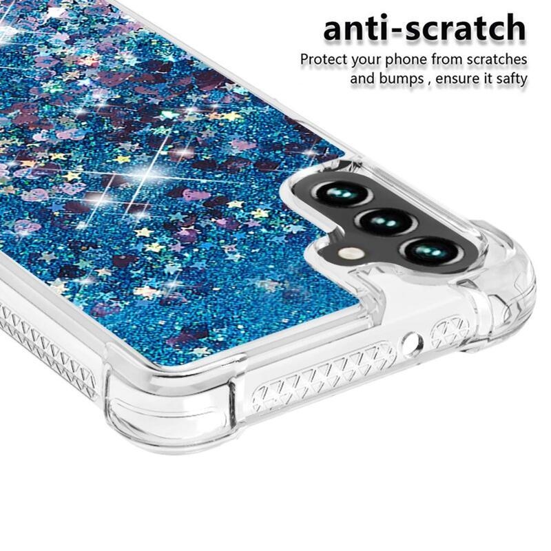 Glitter přesýpací gelový obal na Samsung Galaxy A34 5G - modrý/srdíčka
