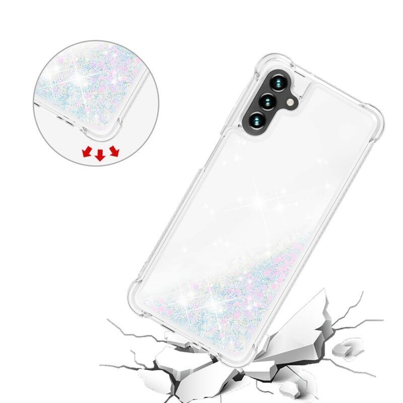 Glitter přesýpací gelový obal na Samsung Galaxy A34 5G - růžovostříbrný/srdíčka