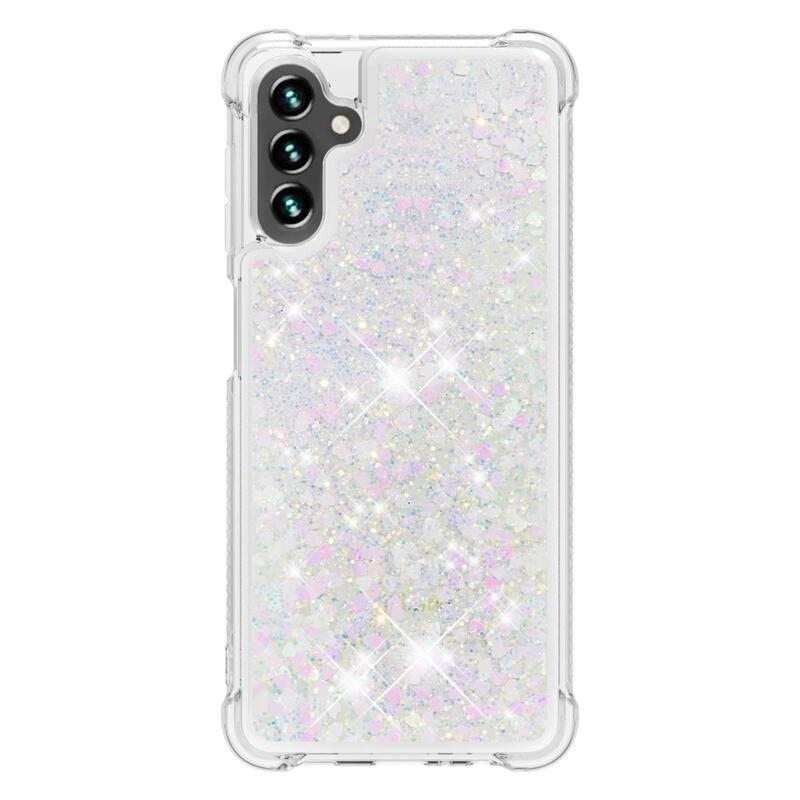 Glitter přesýpací gelový obal na Samsung Galaxy A34 5G - růžovostříbrný/srdíčka