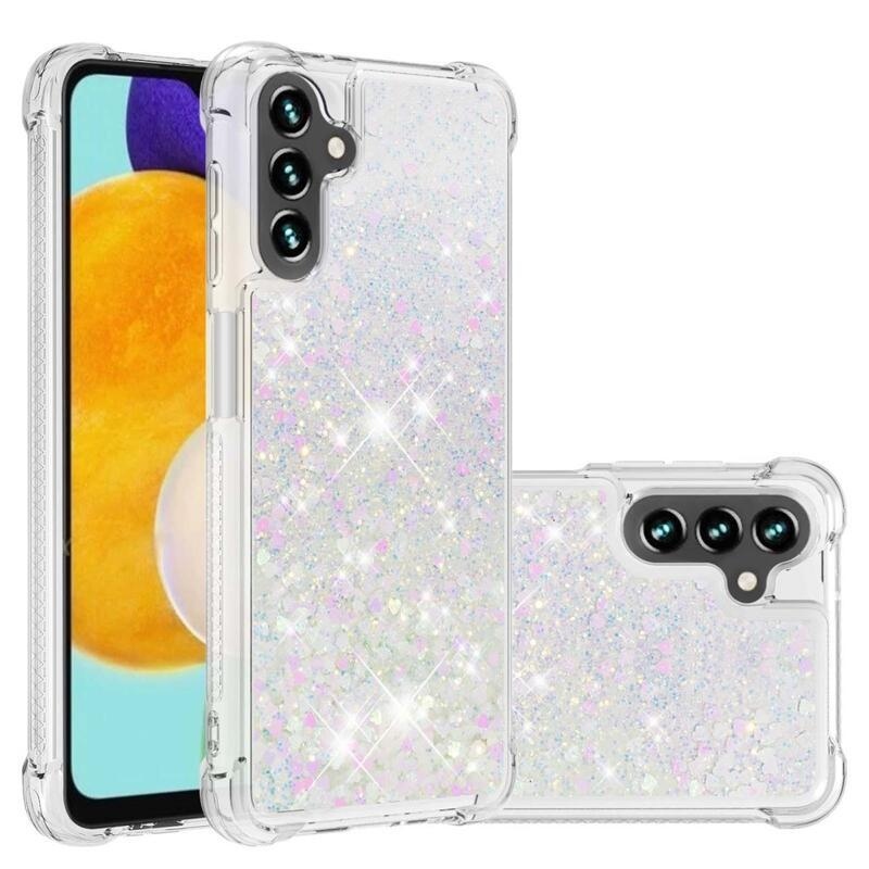 Glitter přesýpací gelový obal na Samsung Galaxy A34 5G - růžovostříbrný/srdíčka
