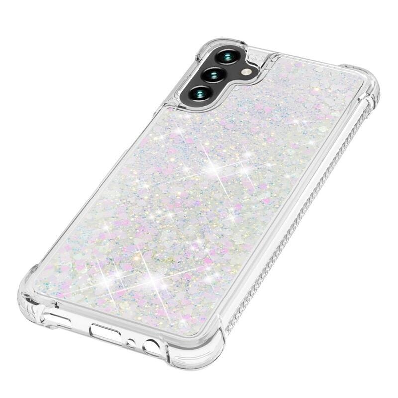 Glitter přesýpací gelový obal na Samsung Galaxy A34 5G - růžovostříbrný/srdíčka