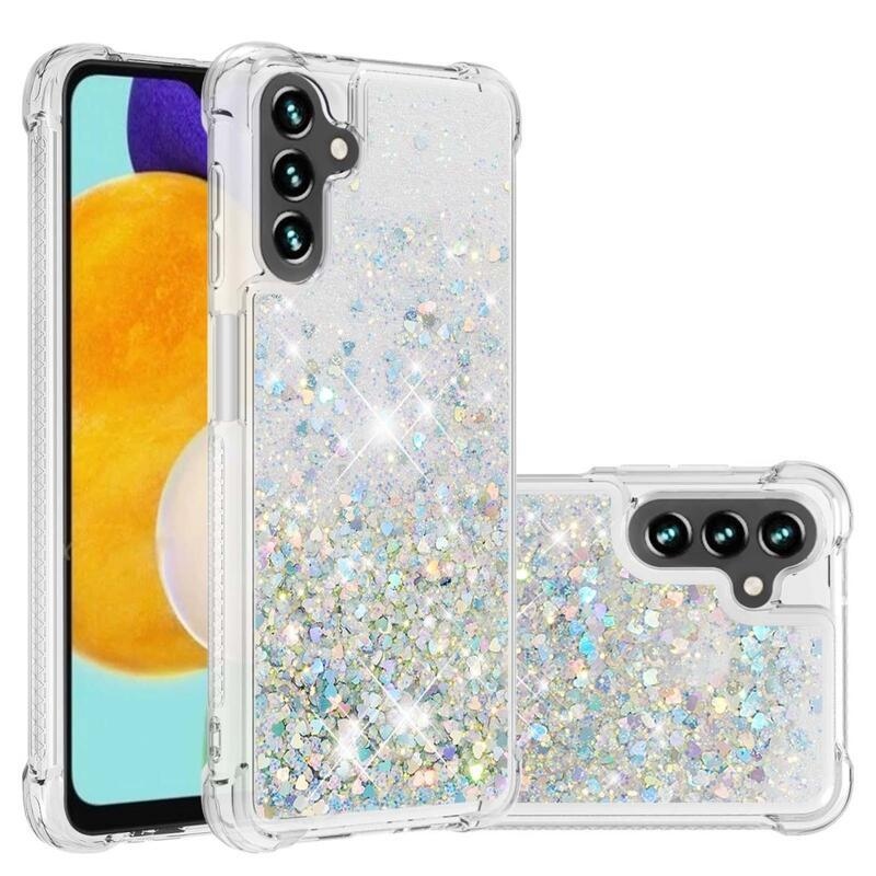 Glitter přesýpací gelový obal na Samsung Galaxy A34 5G - stříbrný/srdíčka