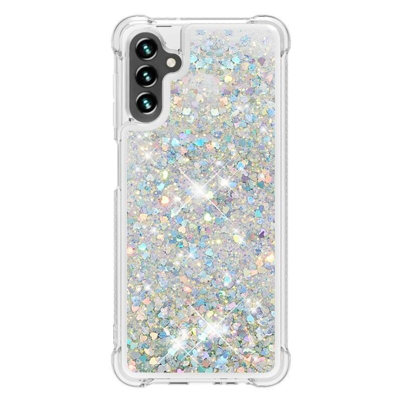 Glitter přesýpací gelový obal na Samsung Galaxy A34 5G - stříbrný/srdíčka