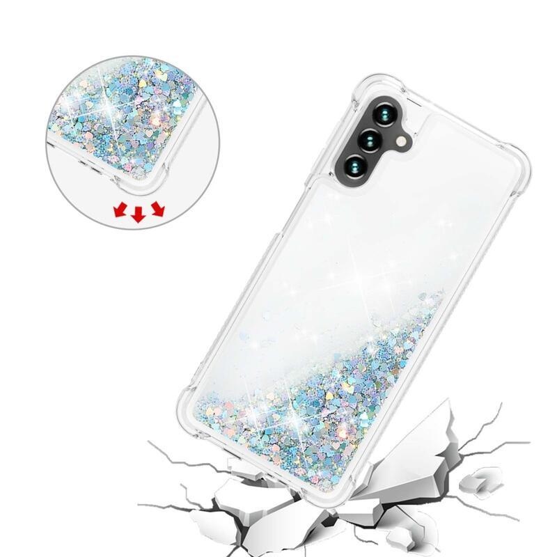 Glitter přesýpací gelový obal na Samsung Galaxy A34 5G - stříbrný/srdíčka