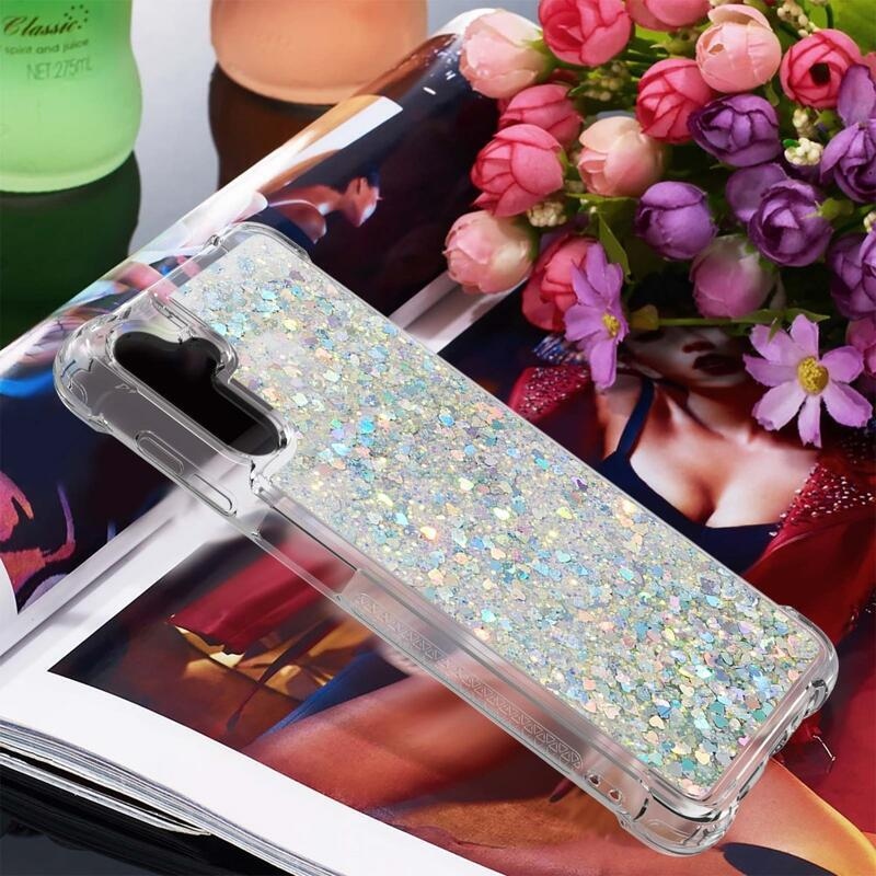 Glitter přesýpací gelový obal na Samsung Galaxy A34 5G - stříbrný/srdíčka