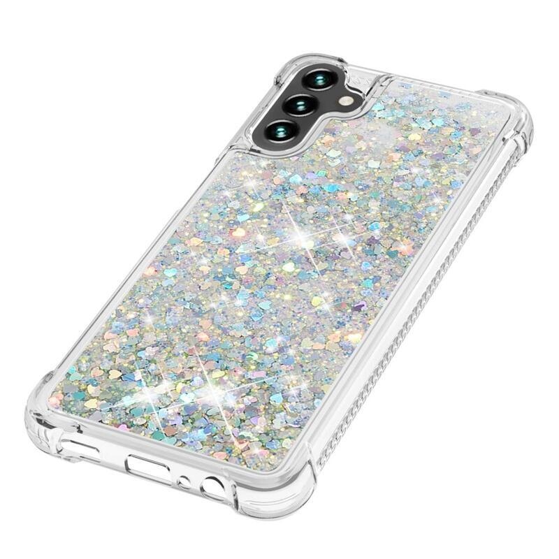 Glitter přesýpací gelový obal na Samsung Galaxy A34 5G - stříbrný/srdíčka