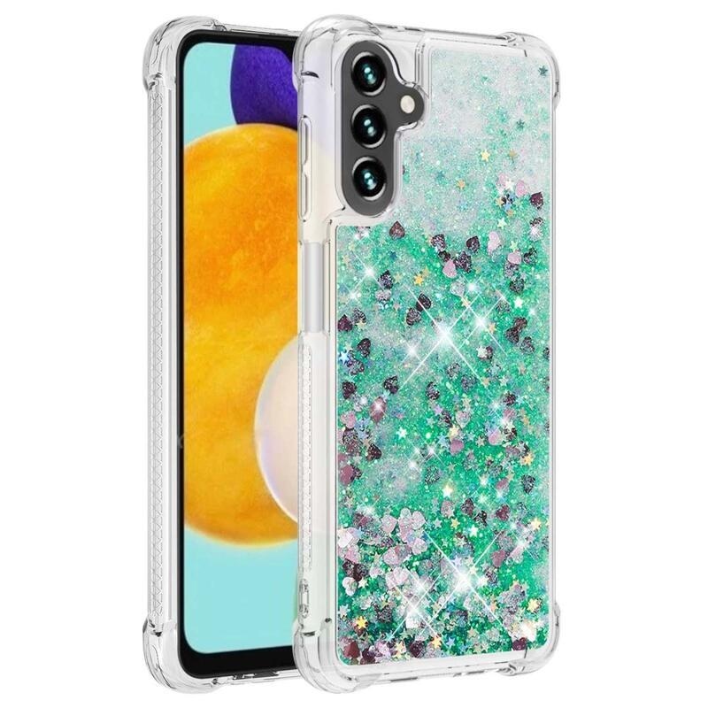 Glitter přesýpací gelový obal na Samsung Galaxy A34 5G - zelený/srdíčka