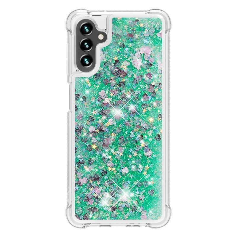 Glitter přesýpací gelový obal na Samsung Galaxy A34 5G - zelený/srdíčka