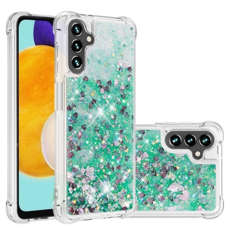 Glitter přesýpací gelový obal na Samsung Galaxy A34 5G - zelený/srdíčka